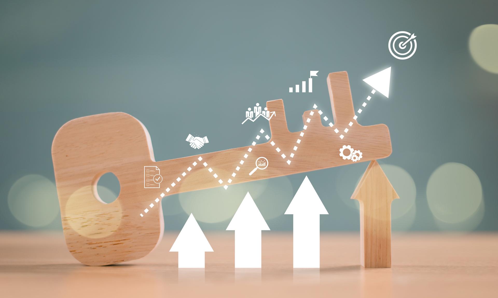BusinessÂ start-up, target, goal action plan forÂ successÂ growth. Finance technology investment concept. Wooden key with investor trader analyze financial invest in stock market, fund digital asset plan